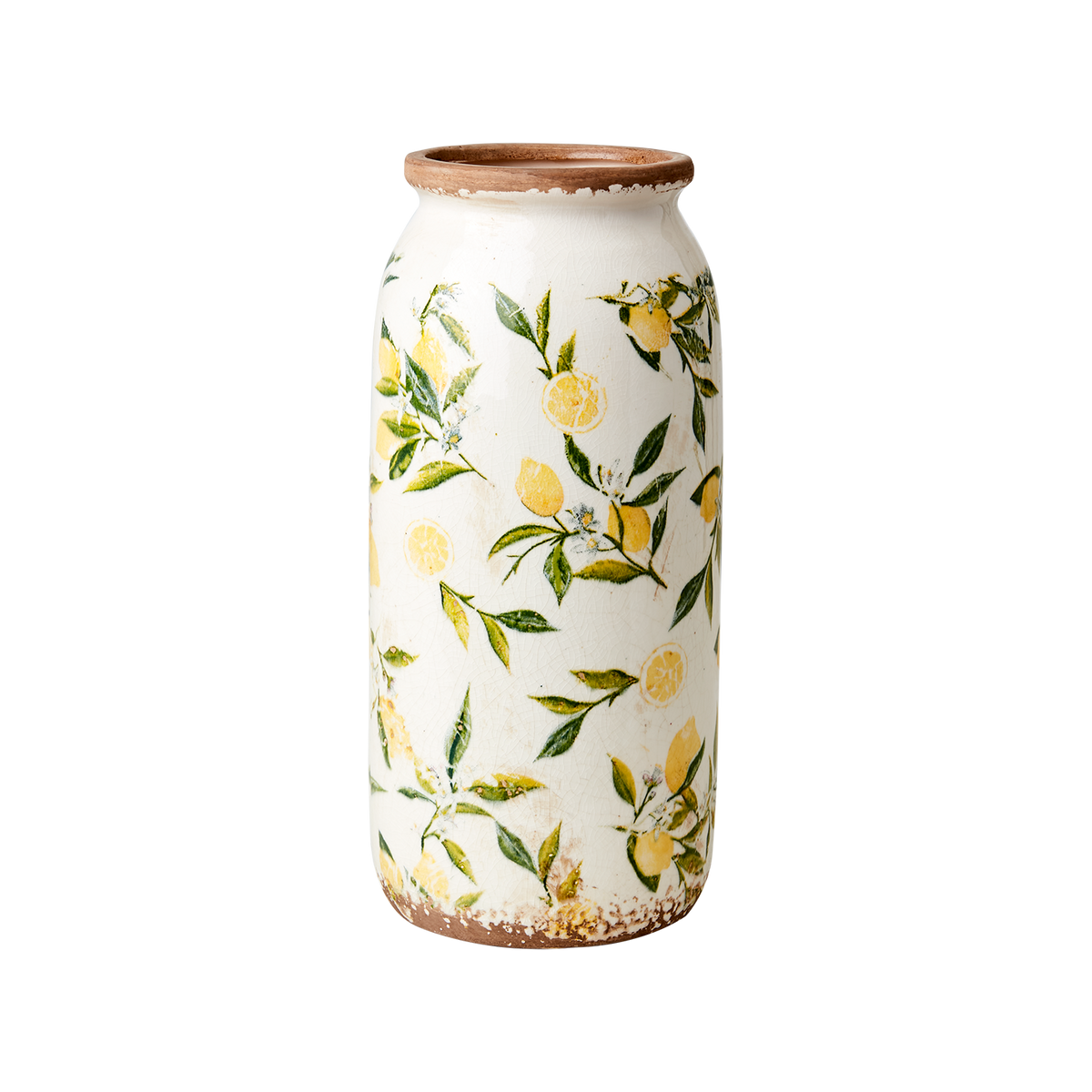 LEMONA Urna M framifrån med dekorativt citronmotiv i gult och grönt