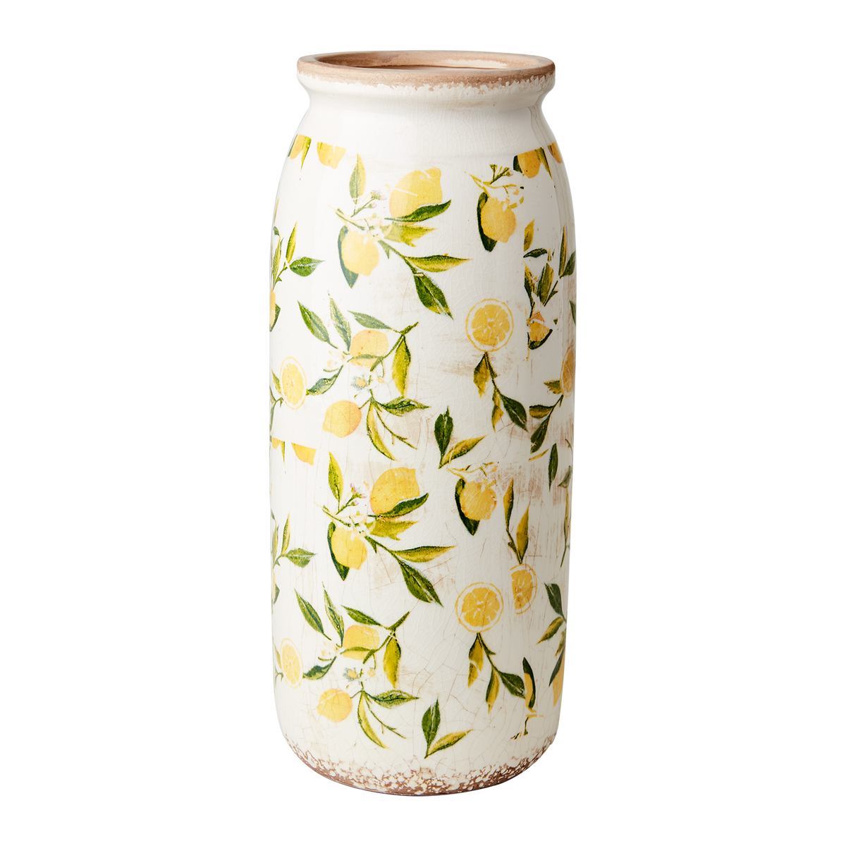 LEMONA Urna L i vitt stengods med dekorativt mönster av gula citroner och gröna blad