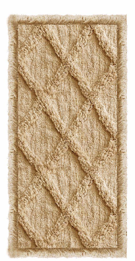 Översikt av Ravi tuftad bomullsmatta 70x140 cm i beige iskaffe färg