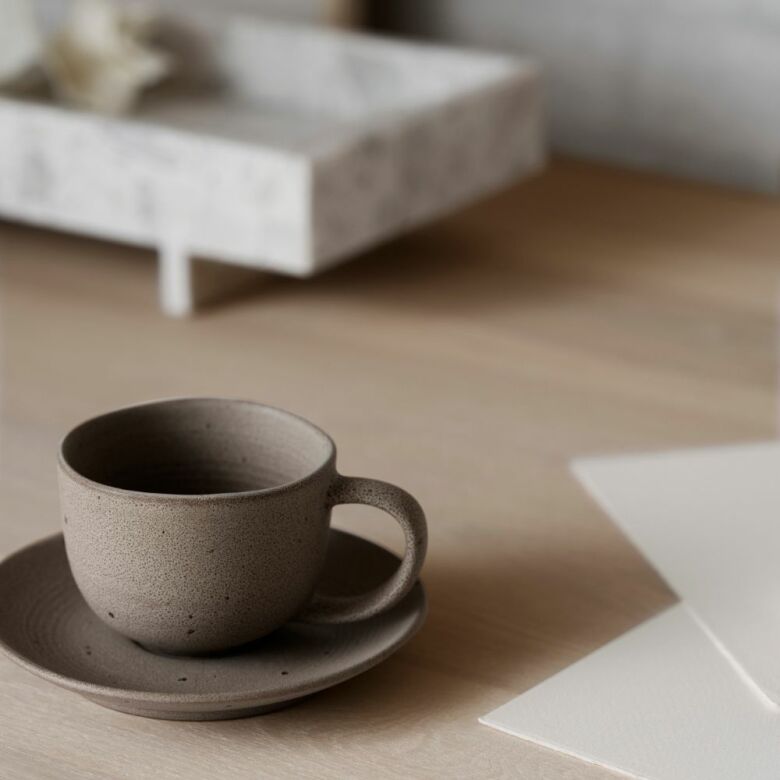 Två ljusbruna Kumi kaffekoppar med fat ståendes bredvid varandra