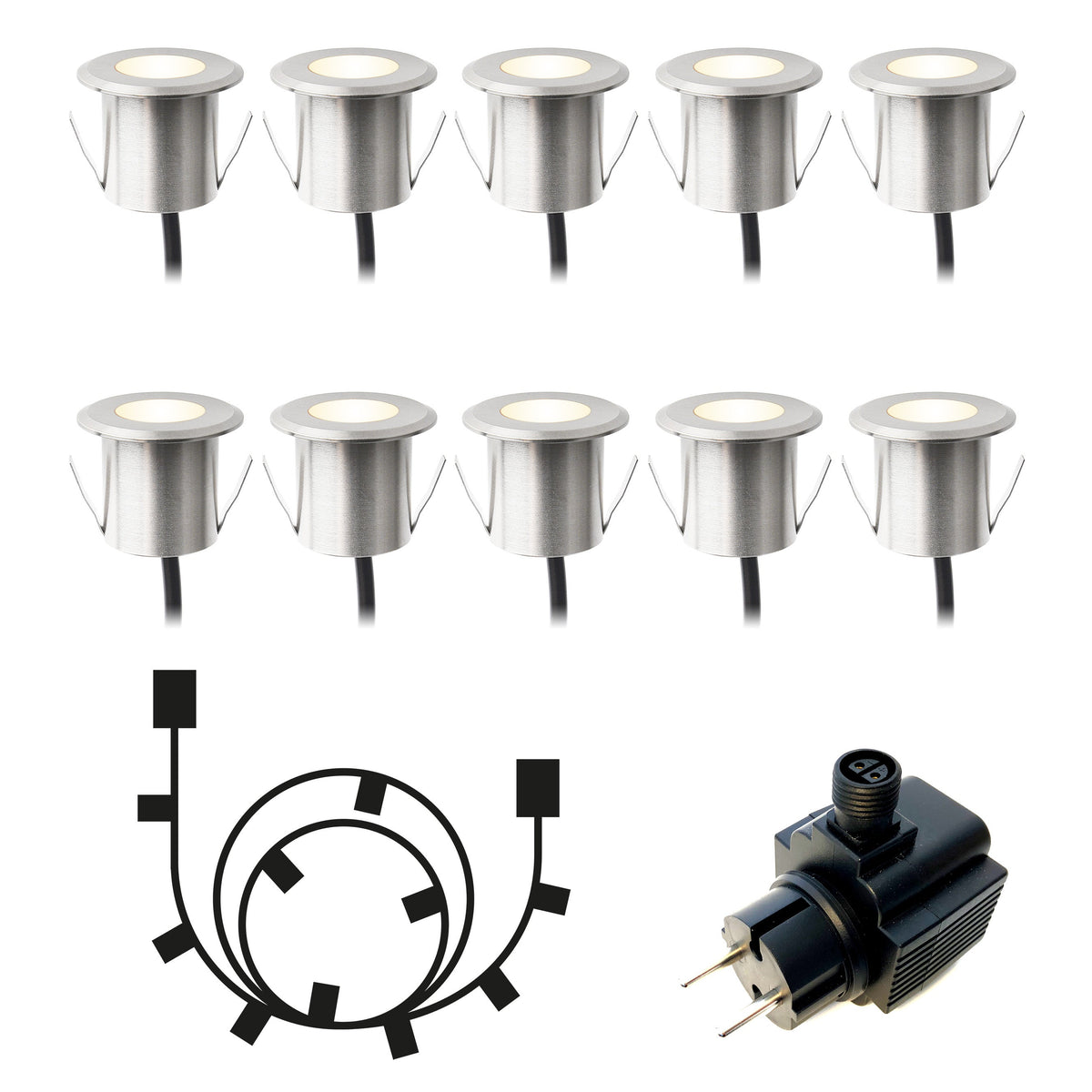 Dexter 10-pack silver decklights med grenkabel och transformator