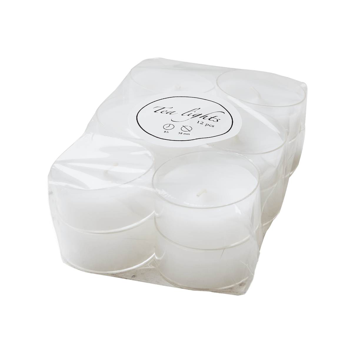 Förpackning med 12 stycken vita Tea Lights värmeljus i plastbehållare