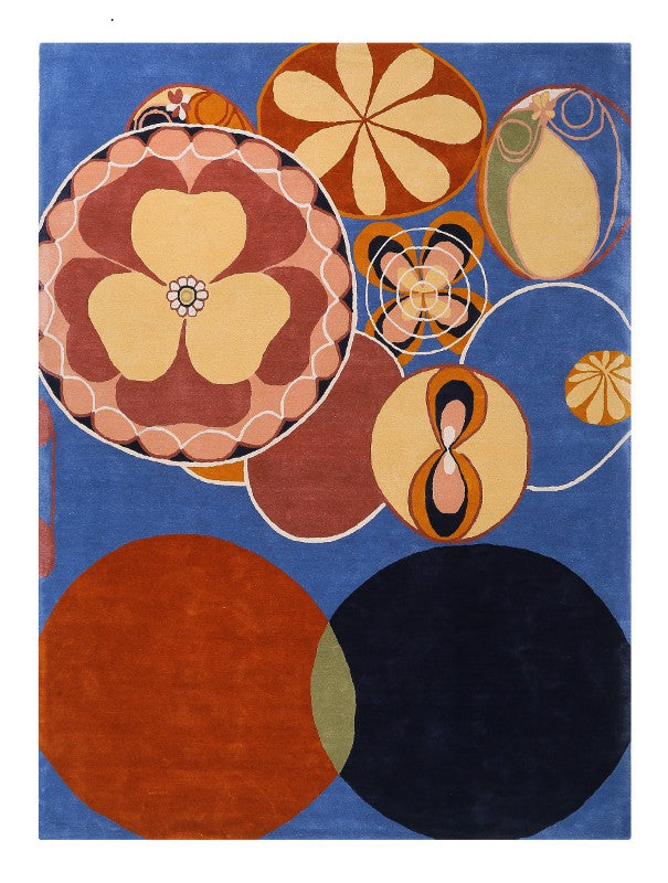 Färgglad ullmatta Artwork med Hilma af Klint-motiv sedd ovanifrån