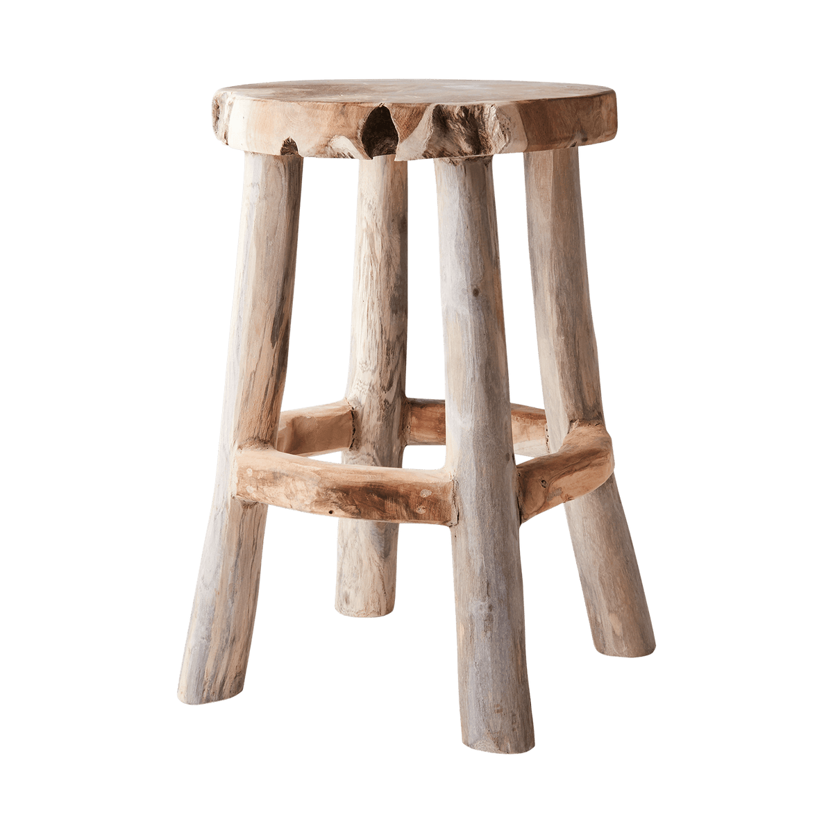 PALLE rund pall i naturfärgad teakrot med rustik finish