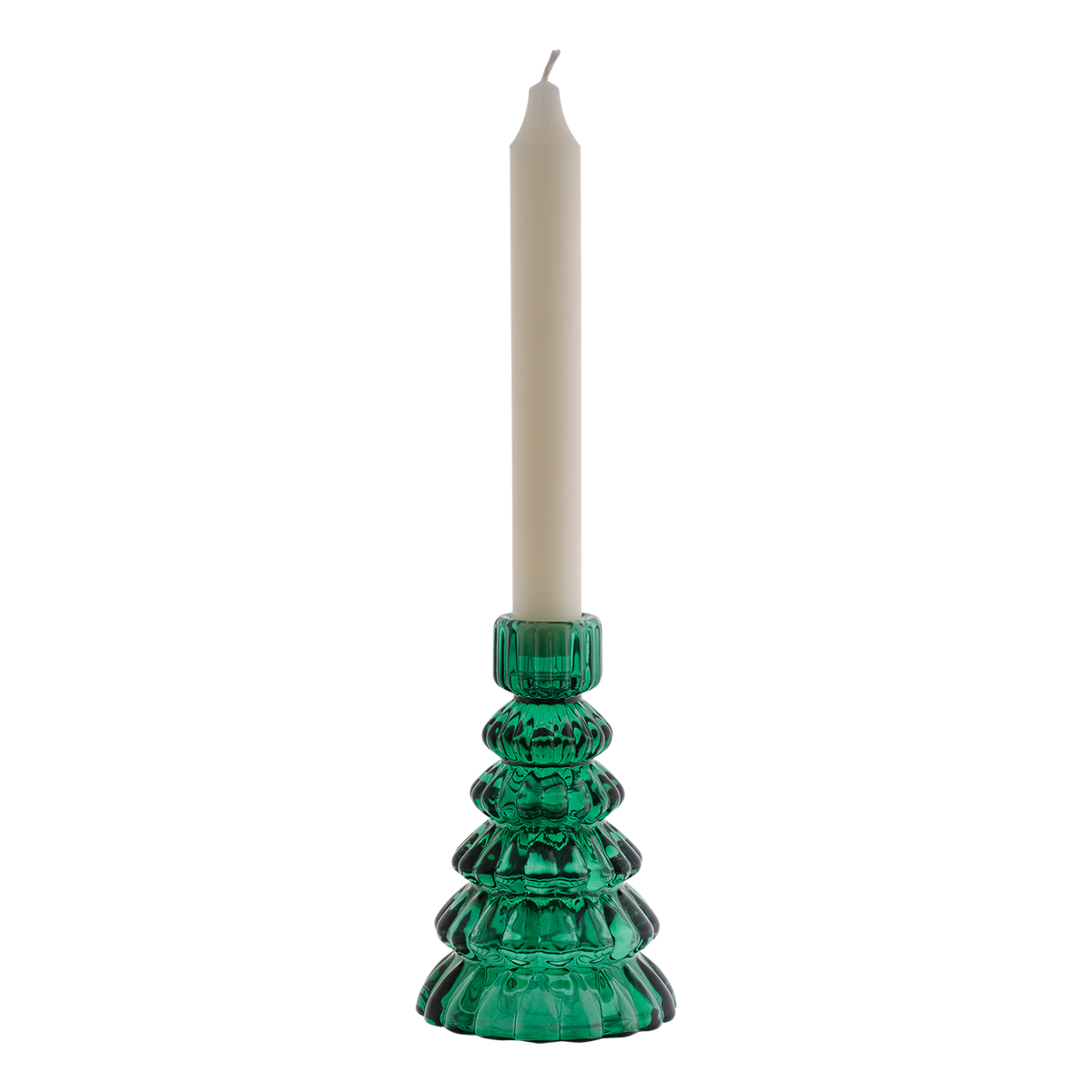 Grön Daisy ljusstake i glas med dekorativ julgransform, 13 cm hög och anpassad för kronljus.
