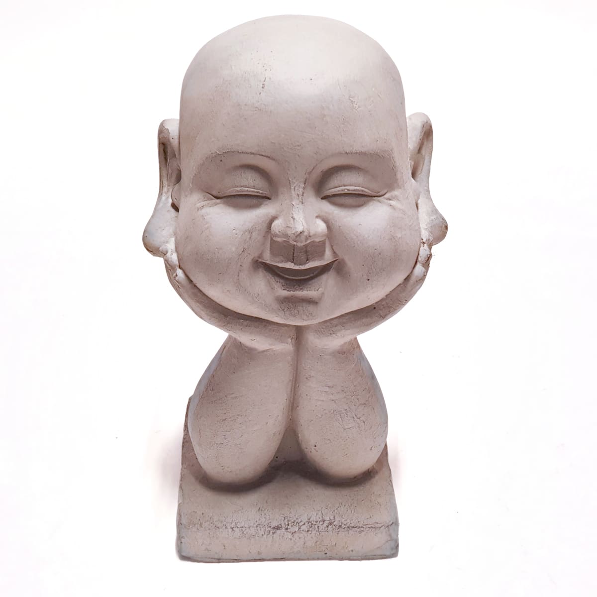 Ljusgrå Lycklige Buddhas huvud staty som vilar på händerna