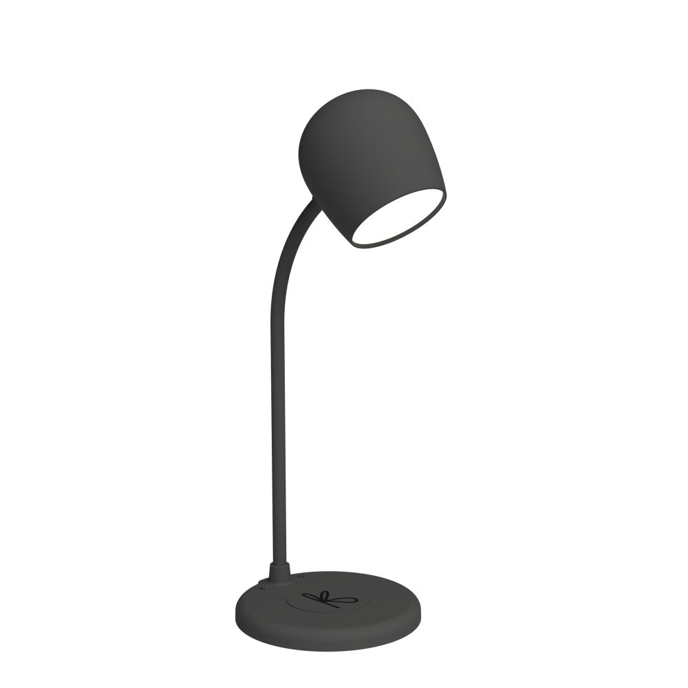 Svart Ellie LED-lampa med inbyggd högtalare och trådlös laddningsplatta på basen.
