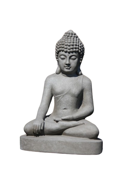 Grå sittande Buddhastaty i fiberlera med detaljrik finish mot vit bakgrund