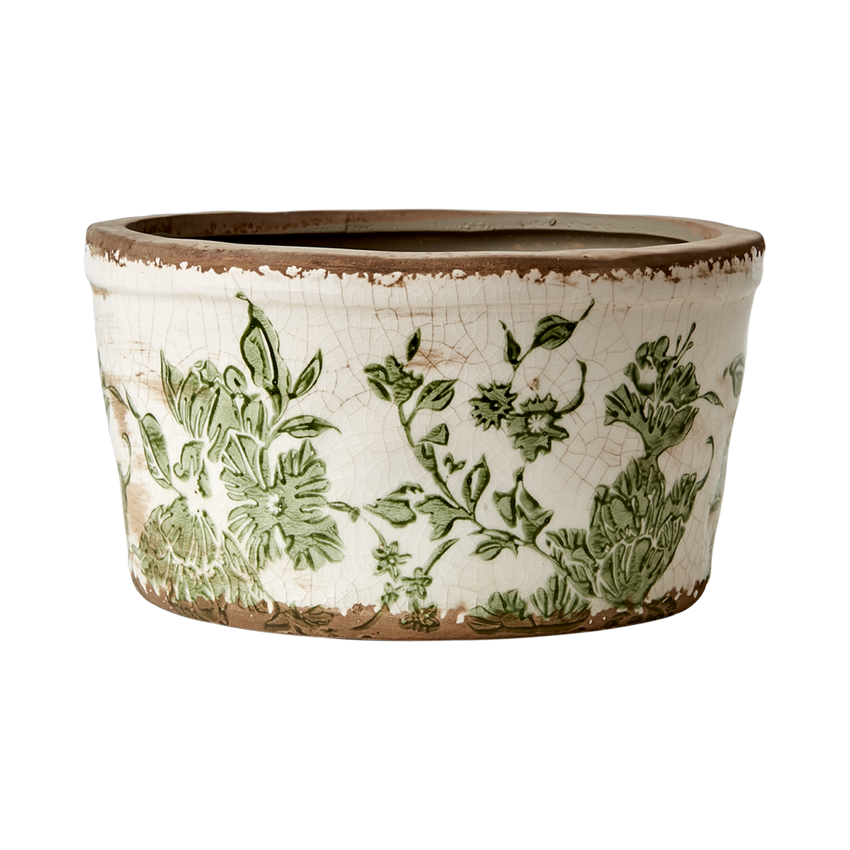 VICTORIA kruka S i vit och grön stengods med blommönster och krackelerad finish