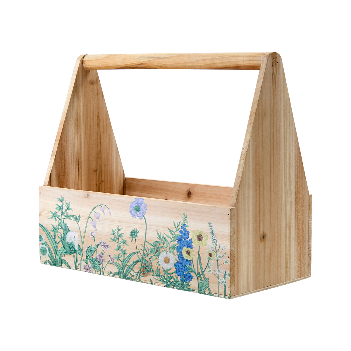 Lantlig trälåda med handtag i naturfärgat trä med blommönster – dekorativ förvaring för vår och sommarstuga