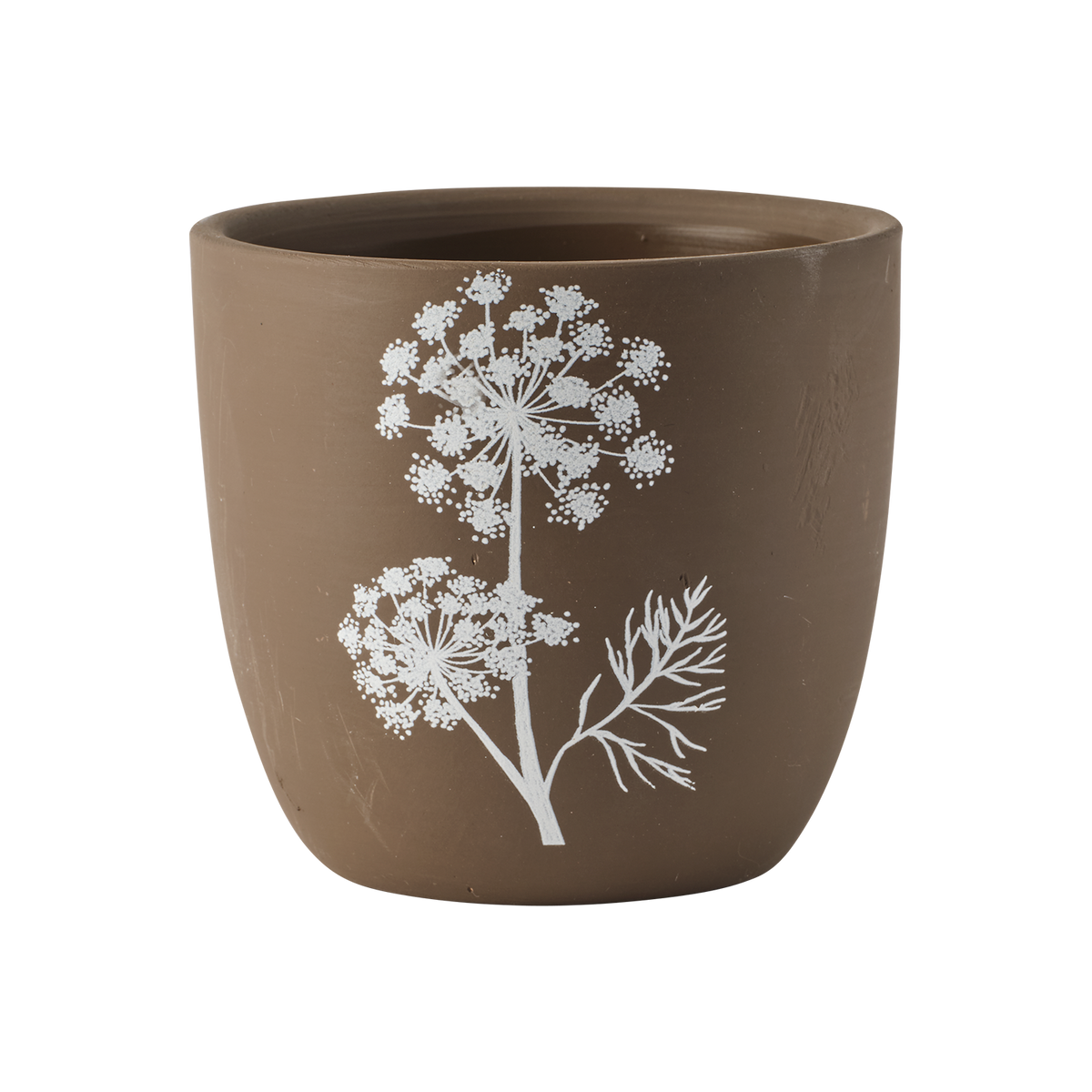 Brun LIA kruka i terracotta med vitt blommönster på vit bakgrund