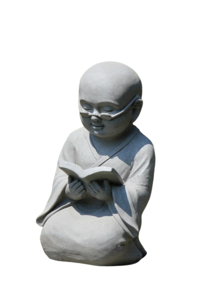 Sittande läsande Shaolinmunk staty med glasögon i fiberlera