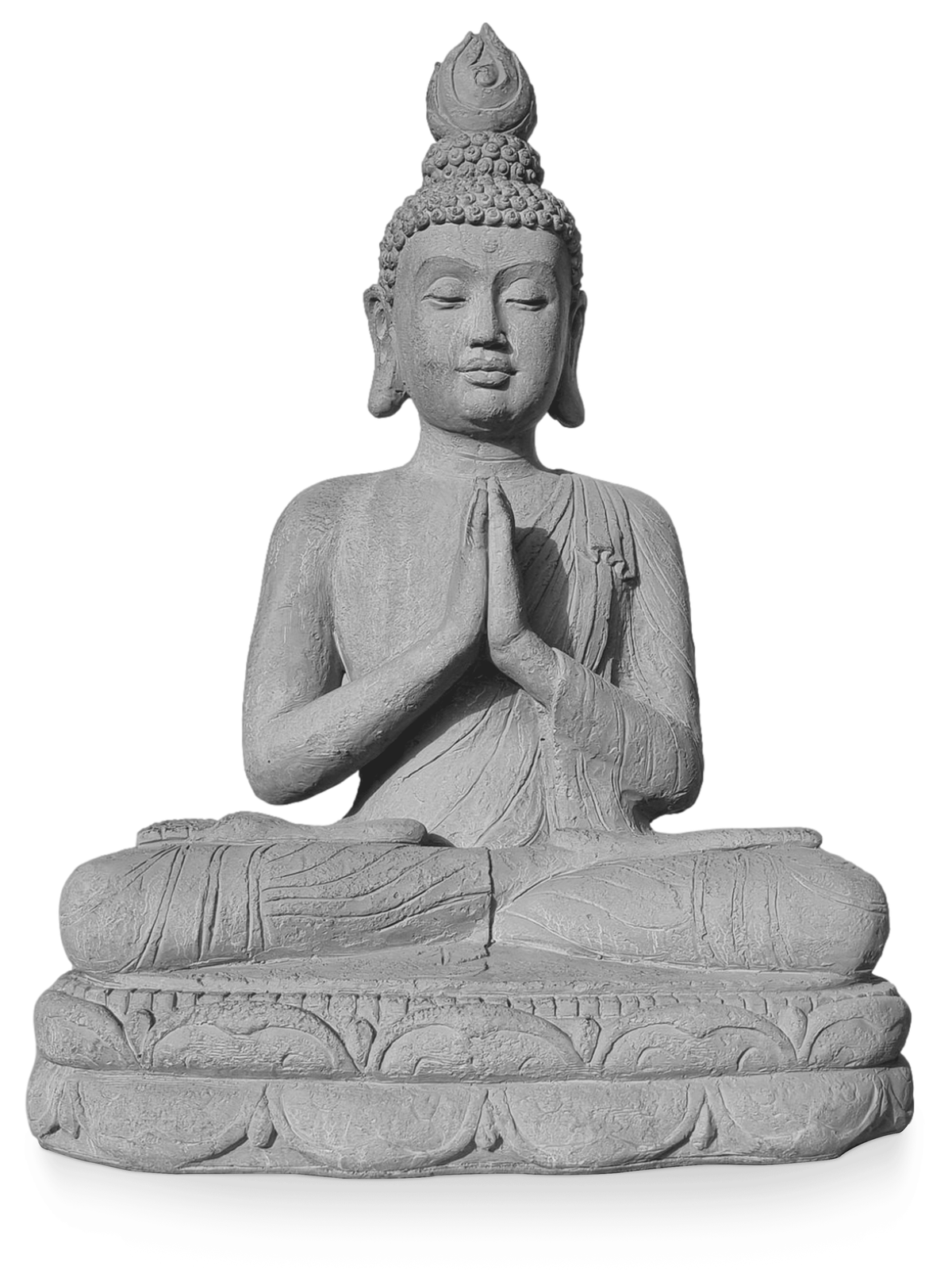 Sittande trädgårdsstaty Guanyin med händerna i bönposition för en fridfull trädgård.