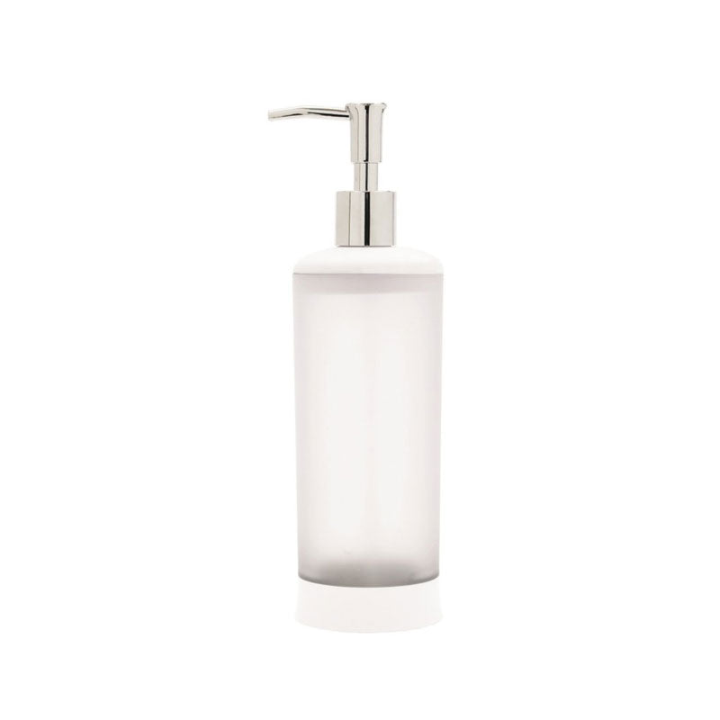 Stilren vit tvålpump med transparent behållare och kromad pump Etol Design