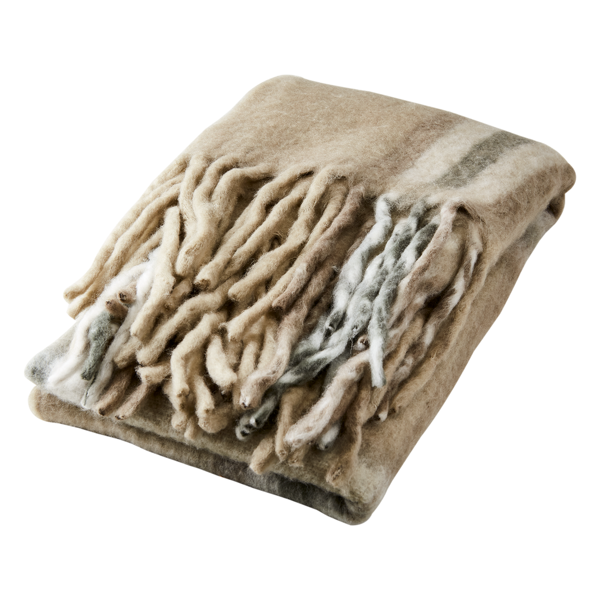 Vikta FRASSE filt i färgerna beige grå och grön med dekorativa fransar