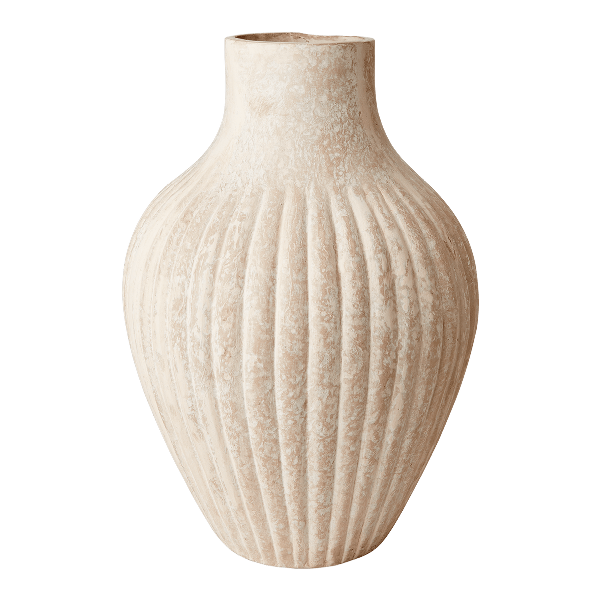 ATHENA urna i beige papier mache med räfflad struktur framifrån
