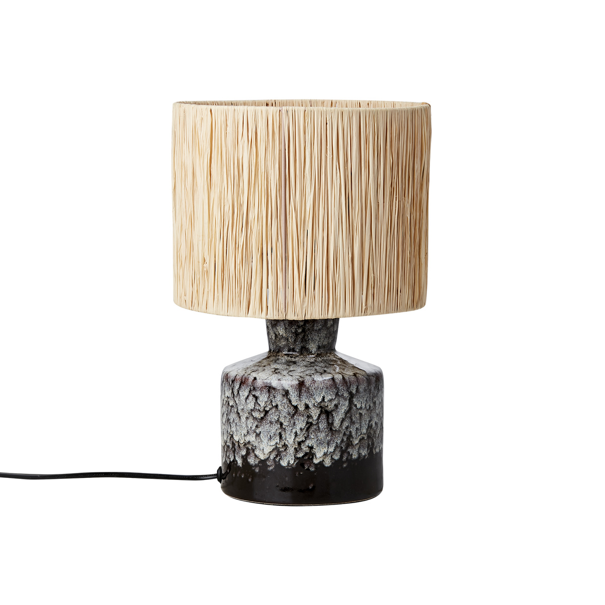 LAVA bordslampa i mörkbrunt stengods med ljus lampskärm framifrån