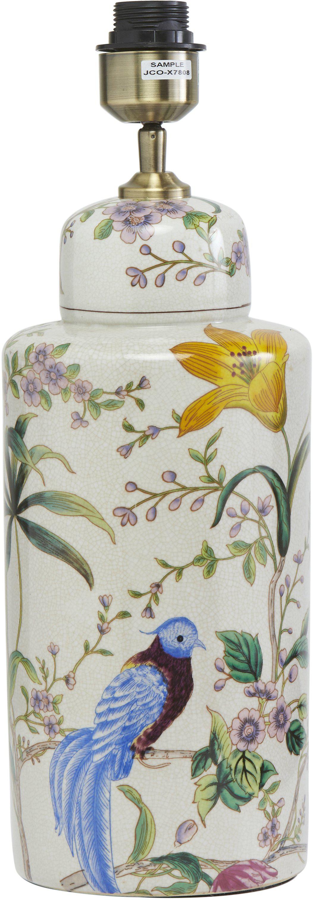 Närbild på Li Na lampfot i handmålat porslin med blommor och en blå fågel