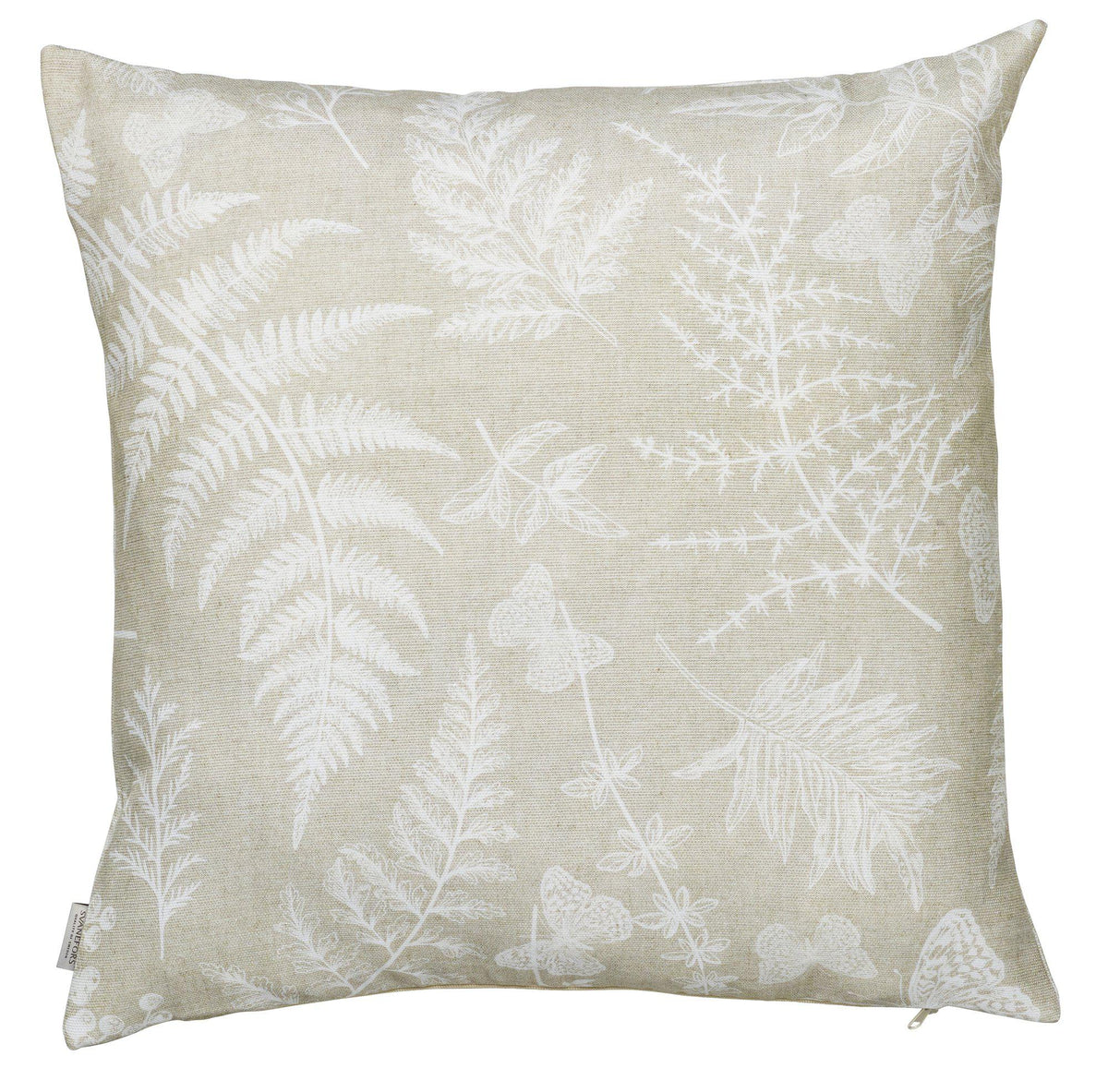 Fern kuddfodral 45x45cm i linnefärg med vitt mönster av ormbunkar och blad