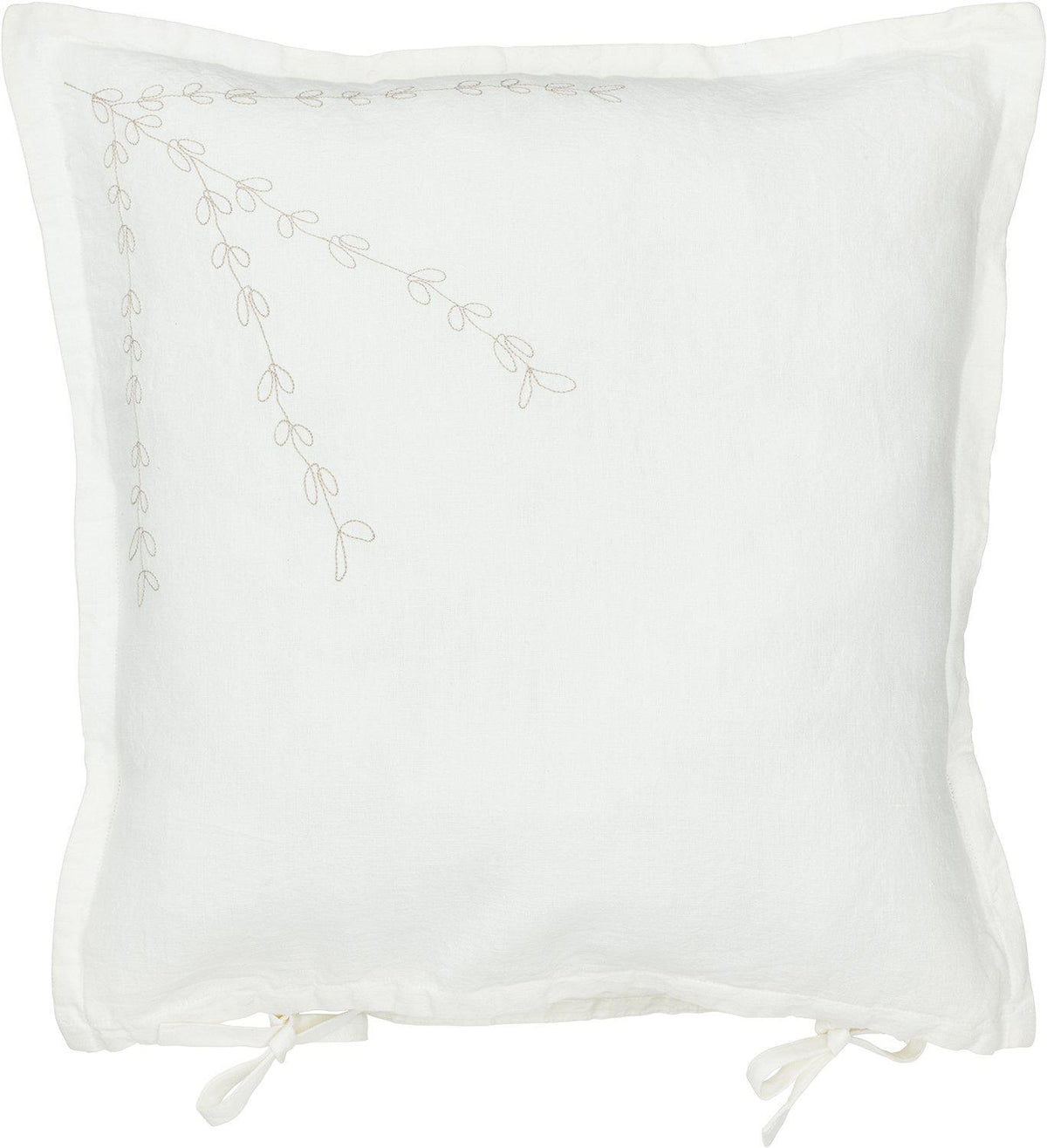Amie kuddfodral i offwhite halvlinne med broderat mönster och knytband