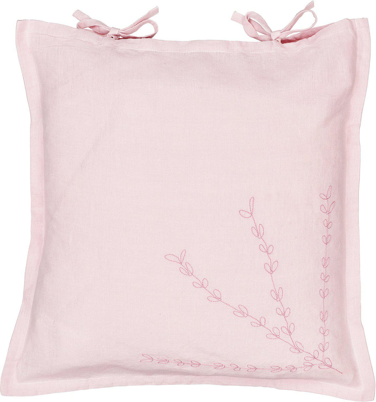 Ljusrosa Amie kuddfodral i halvlinne 45x45 cm med dekorativt broderi och knytband