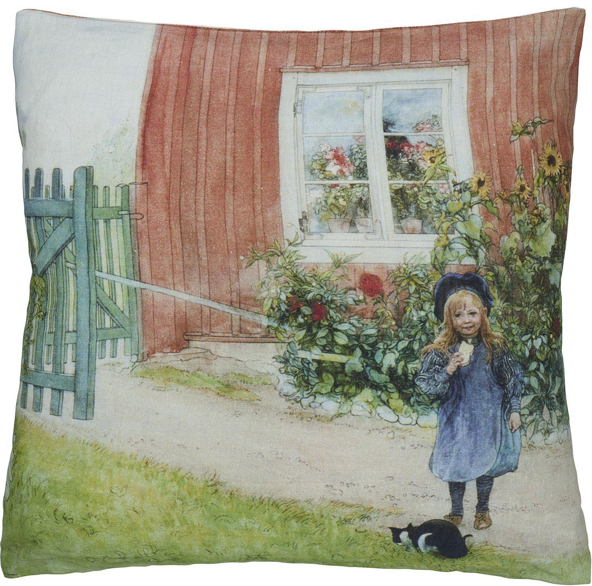 Brita kuddfodral i linne med Carl Larsson motiv av flicka och katt framför röd stuga