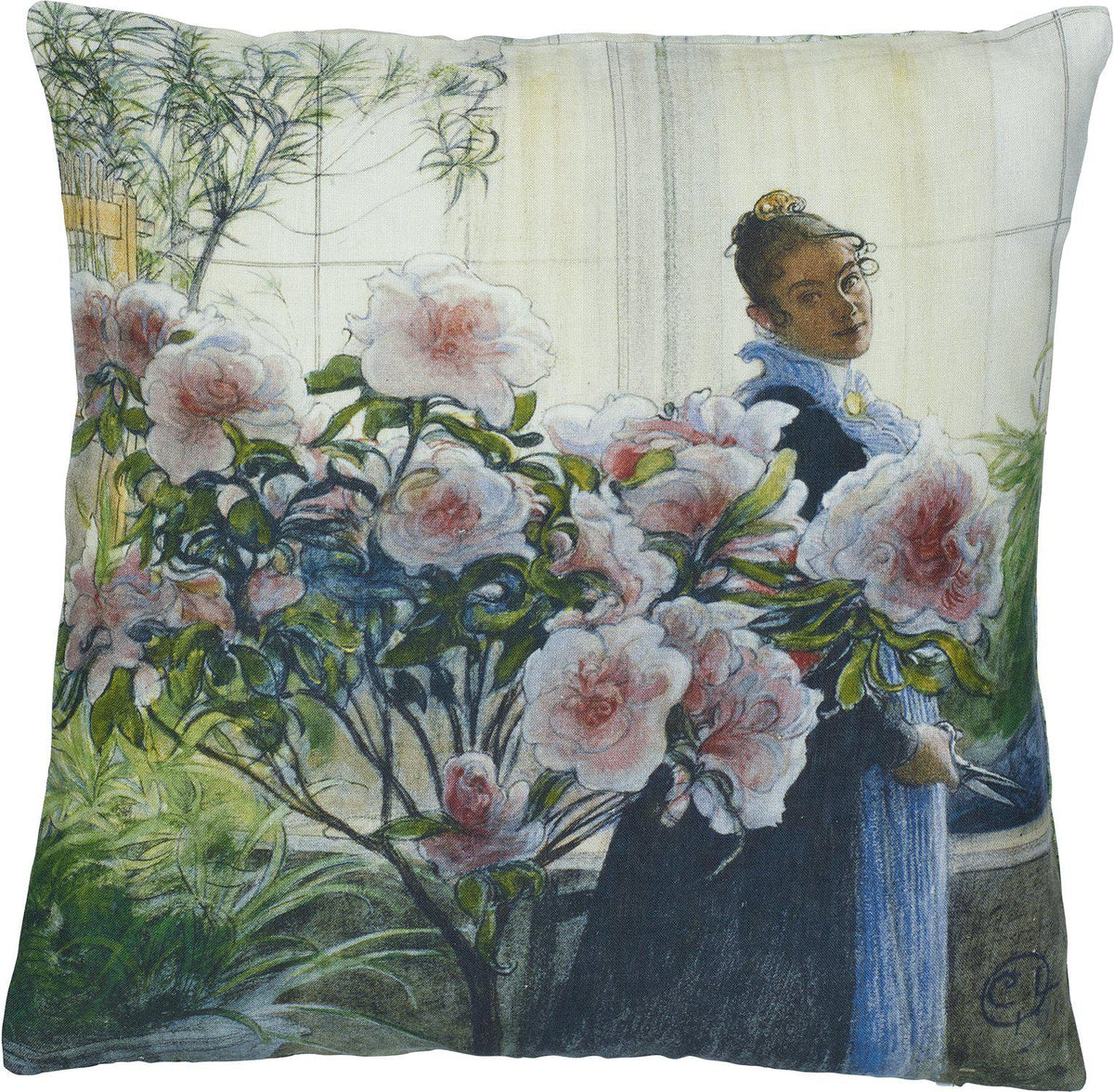 Azalea kuddfodral i linne med Carl Larsson motiv föreställande kvinna och blommor