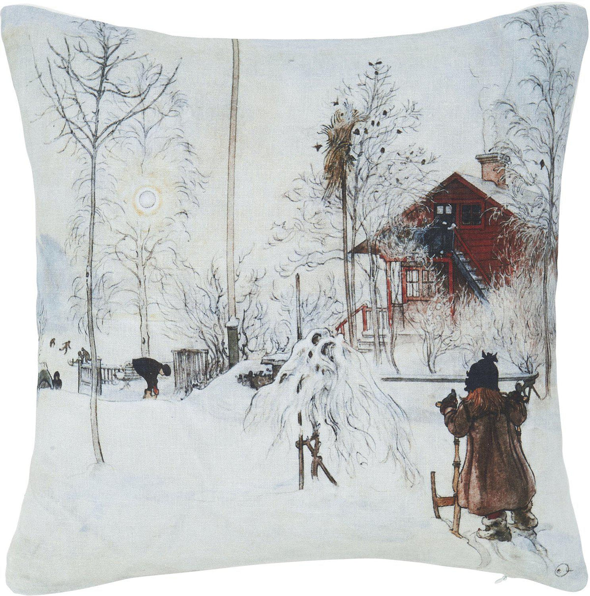 Gården kuddfodral i grått linne med Carl Larsson motiv på Brita på spark