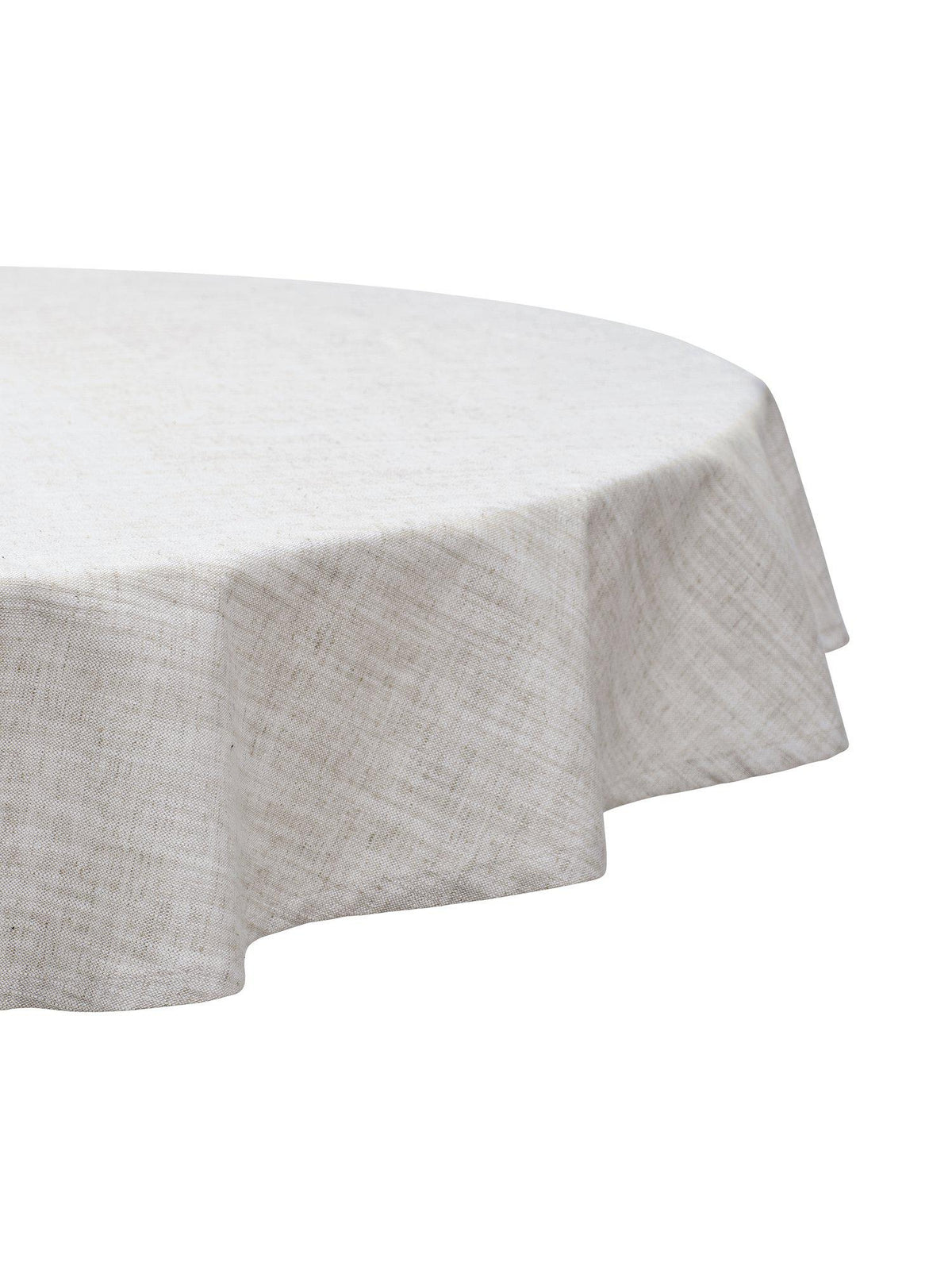 Närbild på beige rund Sabina duk i linneblandning med chambrayväv