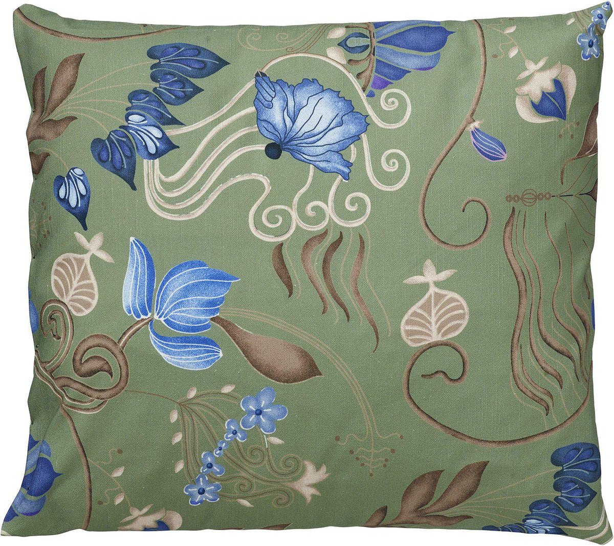 Grönt José kuddfodral med blått och brunt blommönster i storlek 45x45 cm