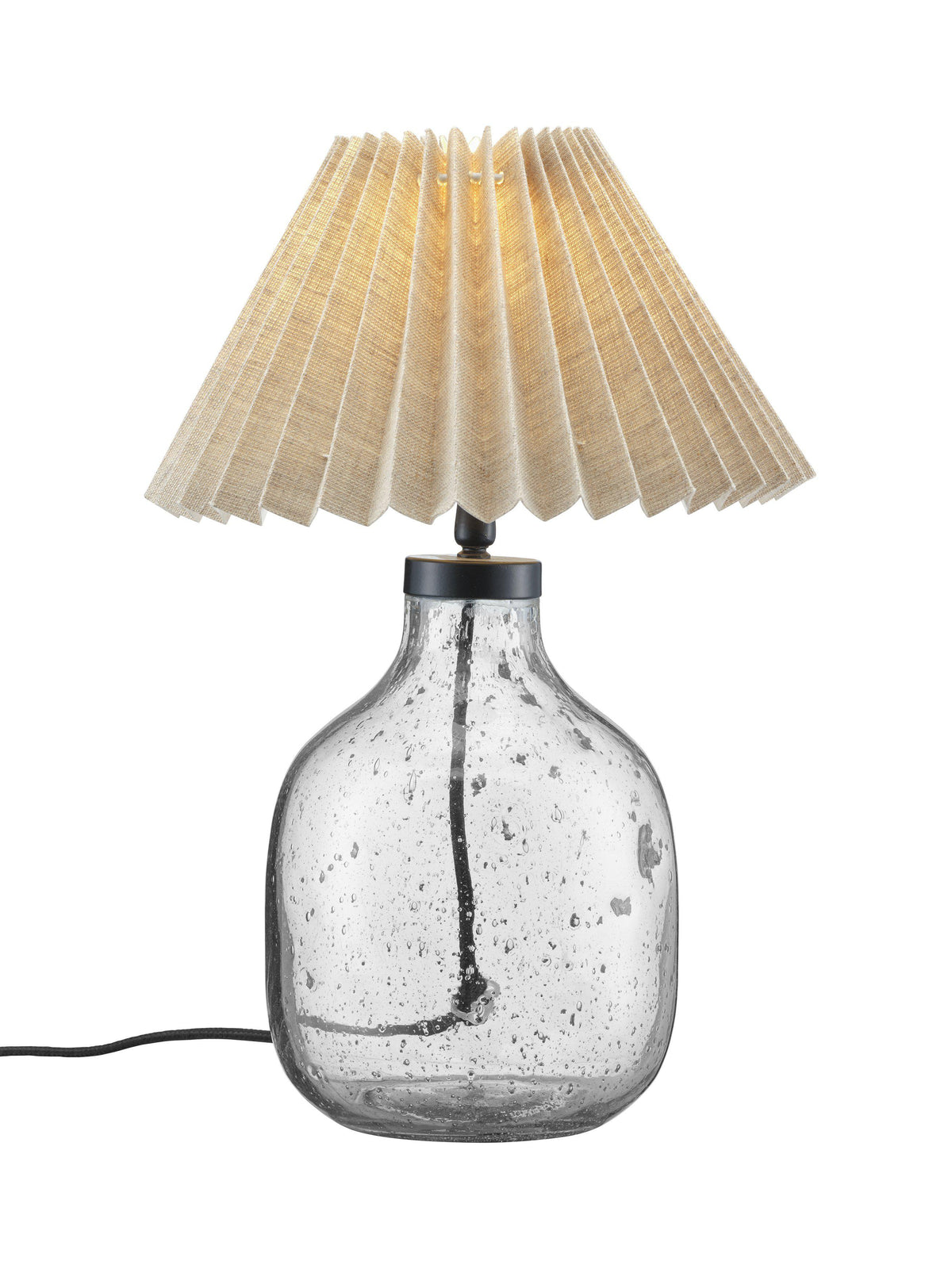 Närbild på Groove lampfot i ofärgat glas med dekorativa bubblor och sandeffekt