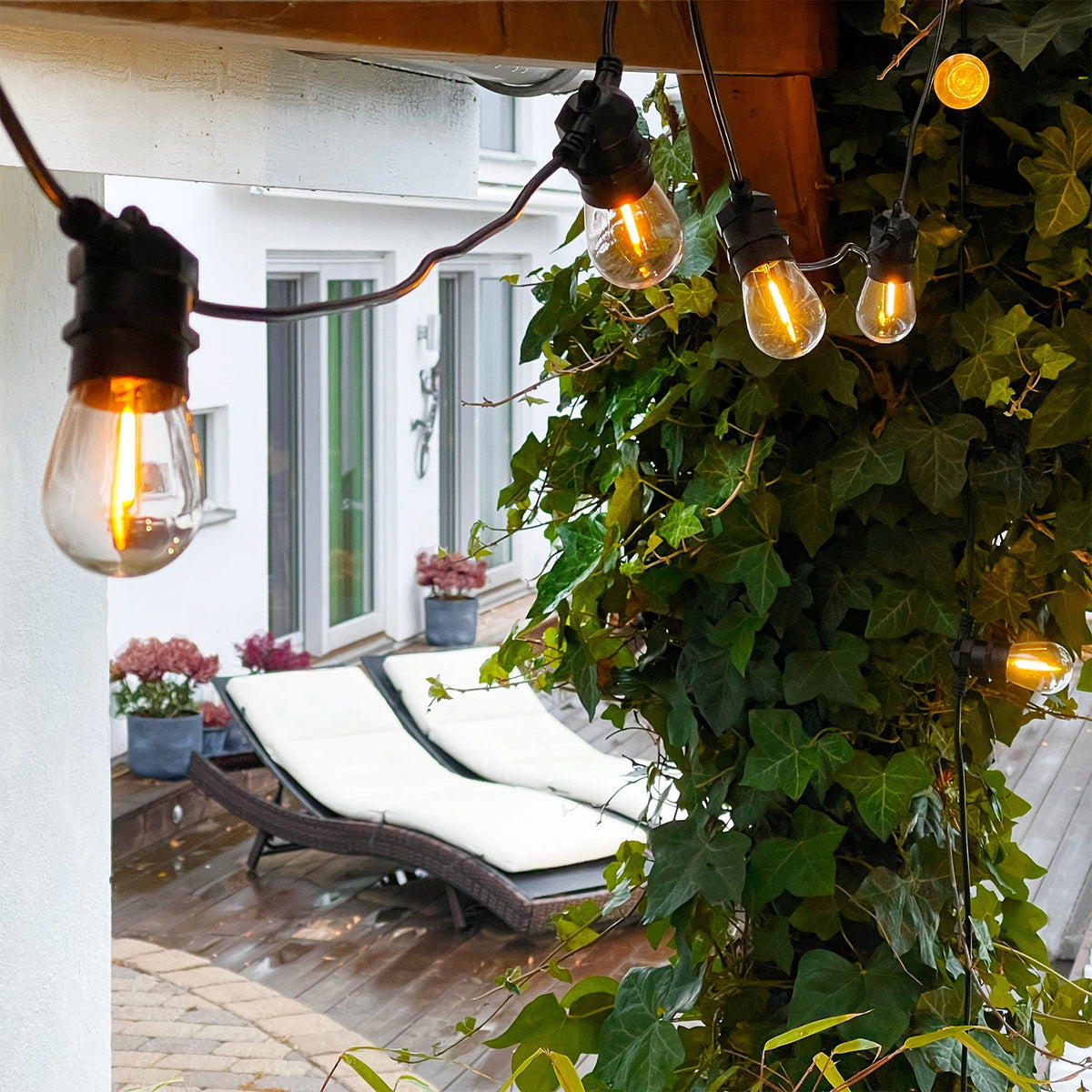 Närbild på Deco Bulb E27 ljuskälla i klart glas för partyslinga