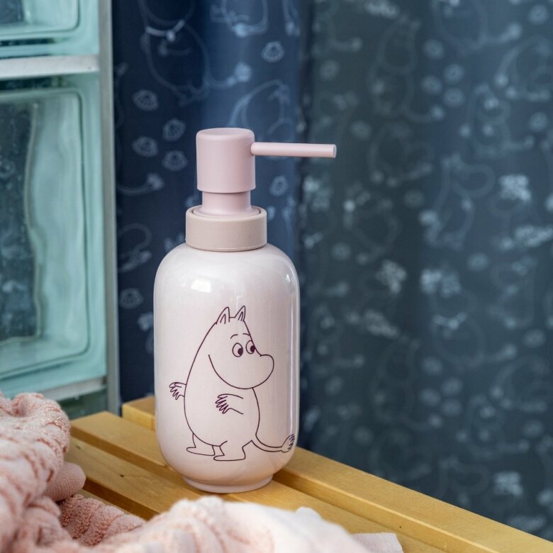 Stilren rund tvålpump i rosa färg med motiv från Muminvärlden