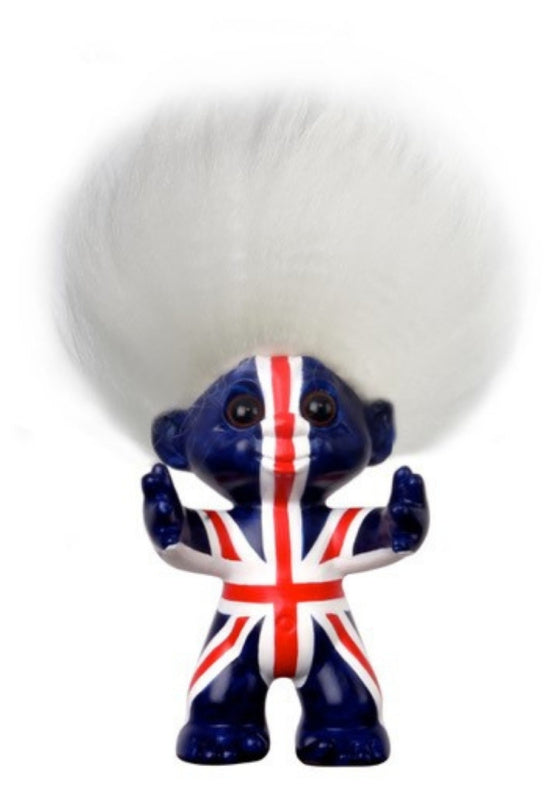 Lyckotroll Union Jack 9 cm med brittiska flaggan och vitt hår av fårskinn