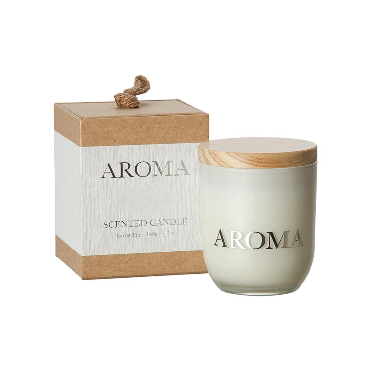 AROMA doftljus Coconut & Lime i glasbehållare bredvid tillhörande förpackning