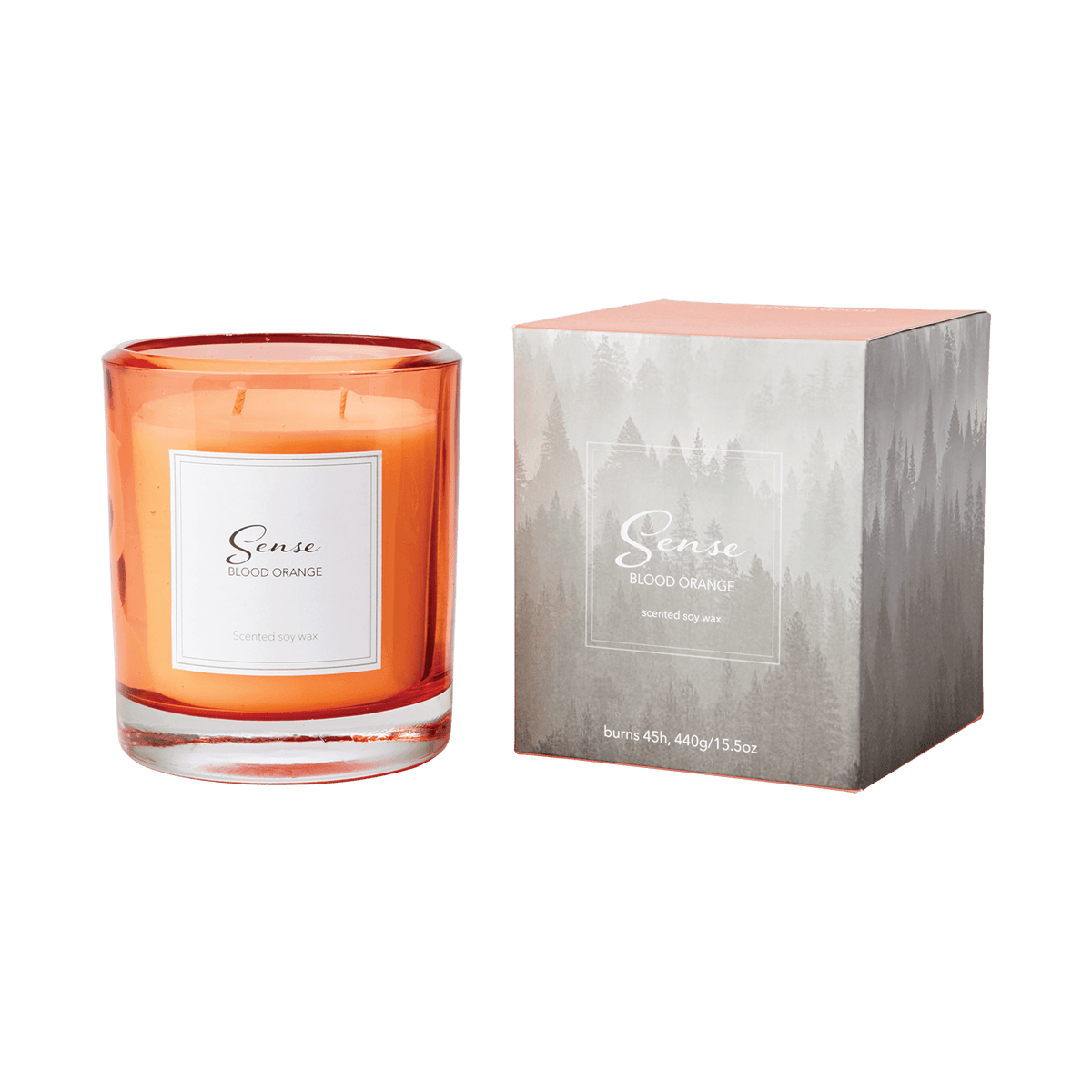SENSE doftljus Blood Orange i orange glasbehållare bredvid tillhörande presentförpackning