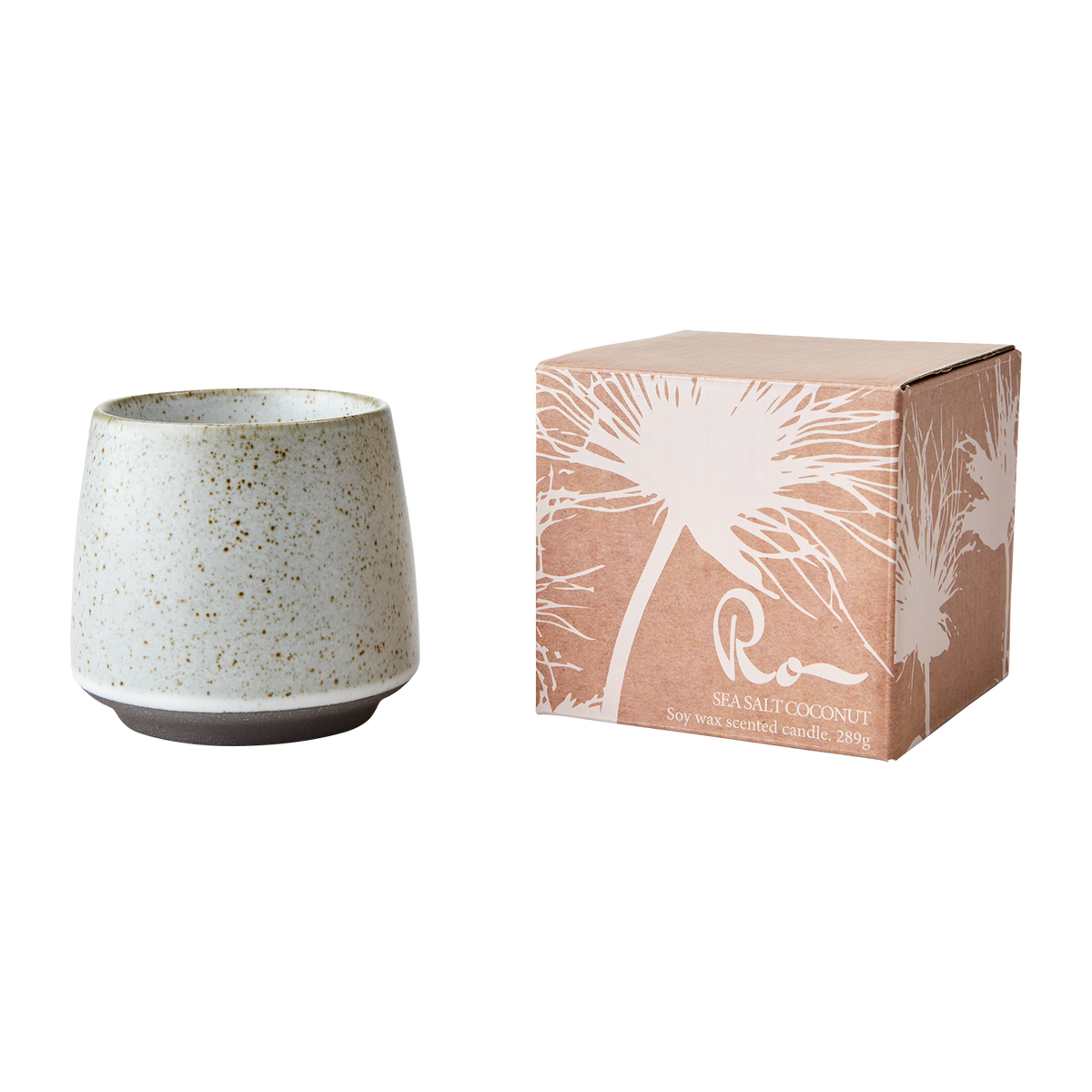 RO doftljus Sea Salt & Coconut i vit keramikbehållare med tillhörande förpackning