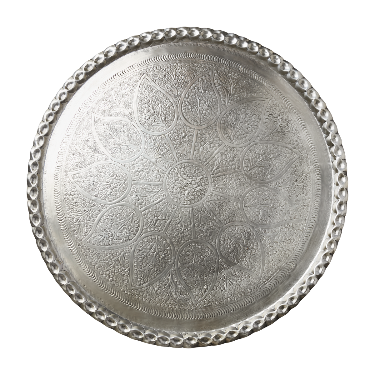 Ovanifrån på ELDORADO Fat L i silverfärgad aluminium med ornamentmönster