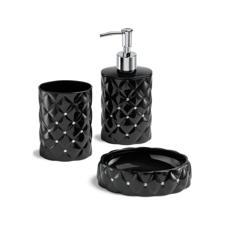 Svart tvålpump Carat med Swarovski kristaller och matchande mugg samt tvålfat