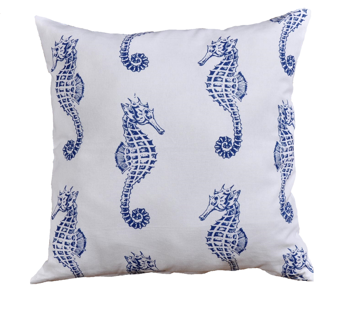 Vitt kuddfodral Seahorse med blått mönster av sjöhästar från Etol Design