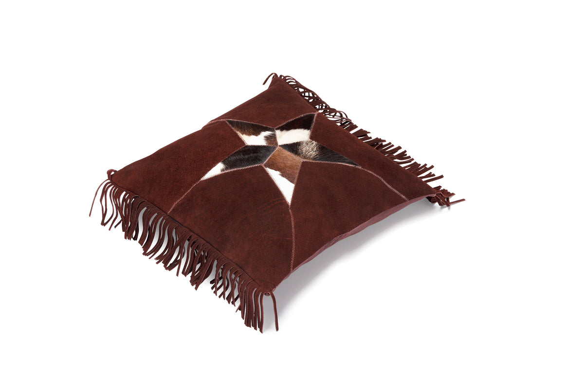 Brunt kuddfodral Suede Cowboy i skinn med stjärnmönster och fransar