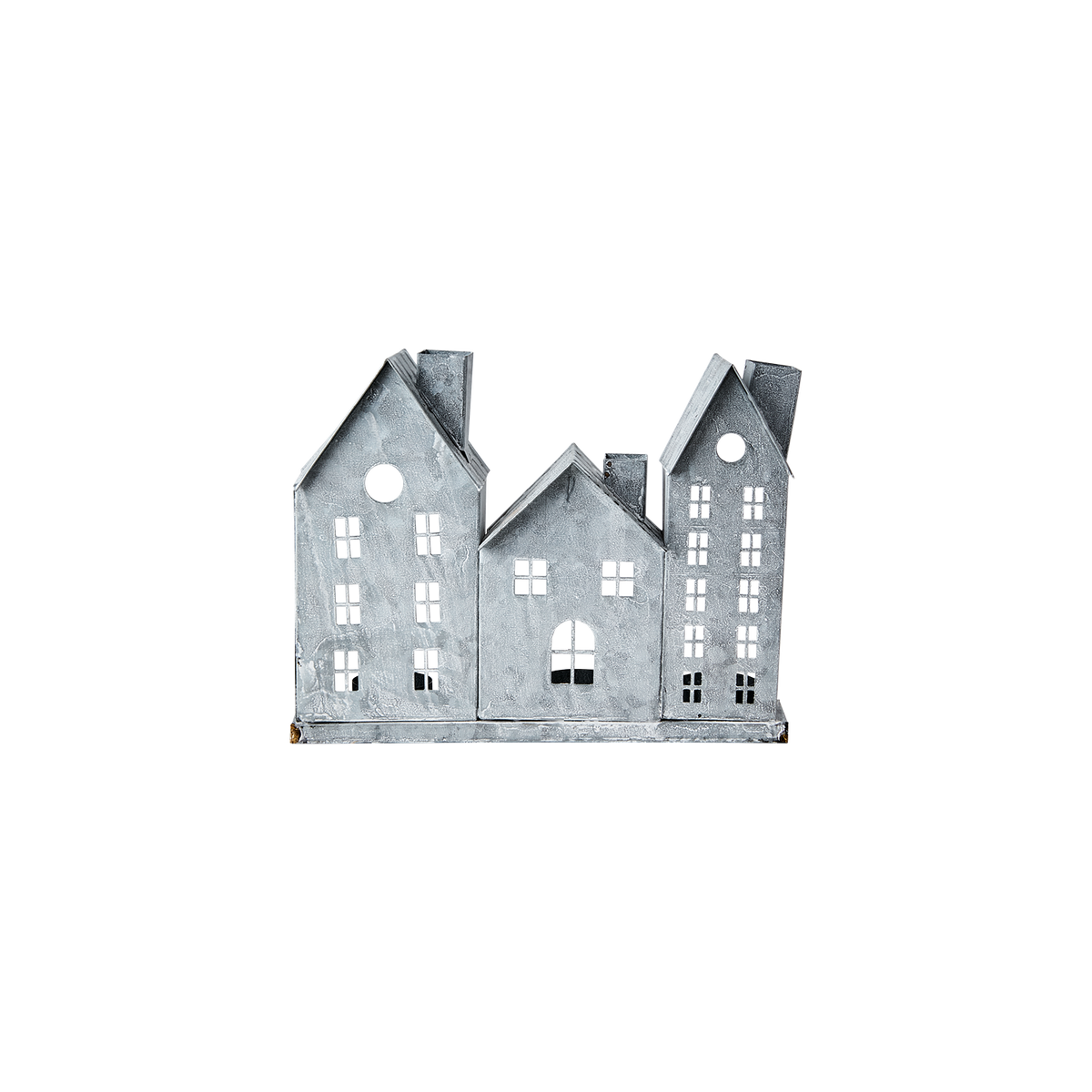 FENIX ljuslykta i form av tre grå hus i zinkliknande finish framifrån
