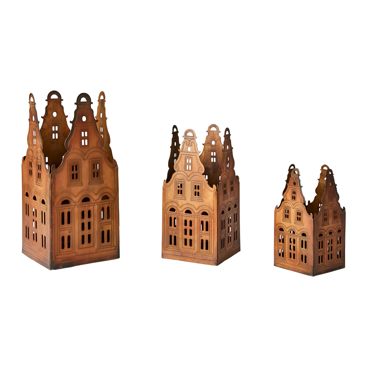 VILLAGE ljuslykta hus set om tre i mässingsfärgat järn