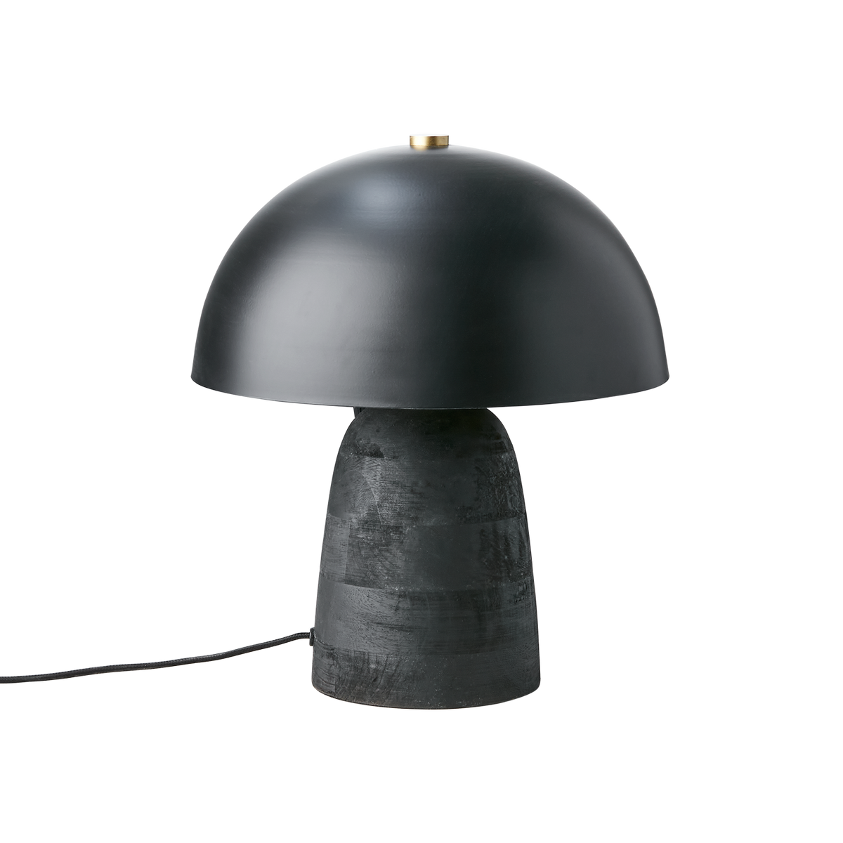 Svart FUNGI bordslampa Limited Edition med kupad skärm och träfot mot vit bakgrund