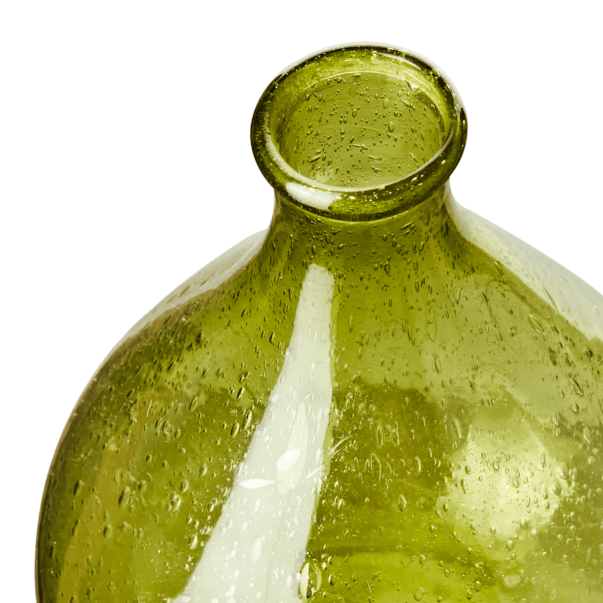 Närbild på VIOLETTA grön glasvas med vackra luftbubblor och strukturer