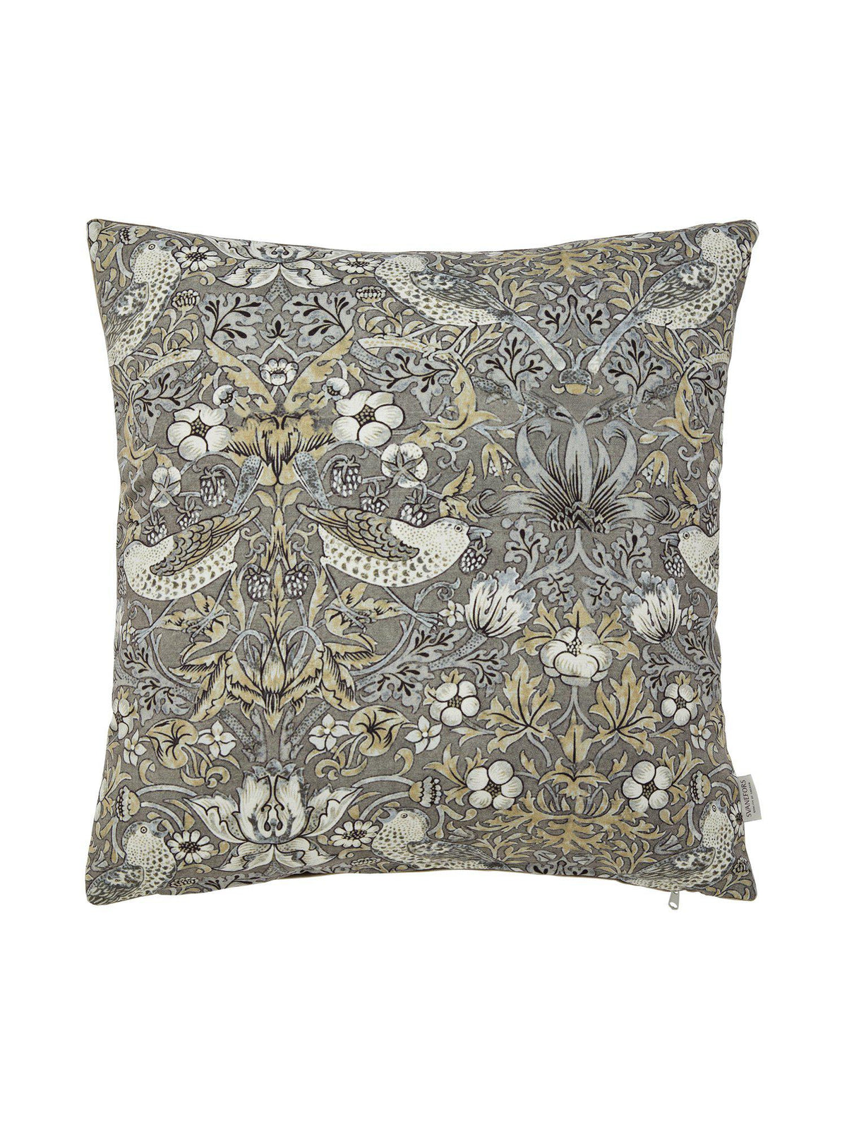 Grått mönstrat Vilja kuddfodral 45x45 cm med motiv av fåglar och blommor
