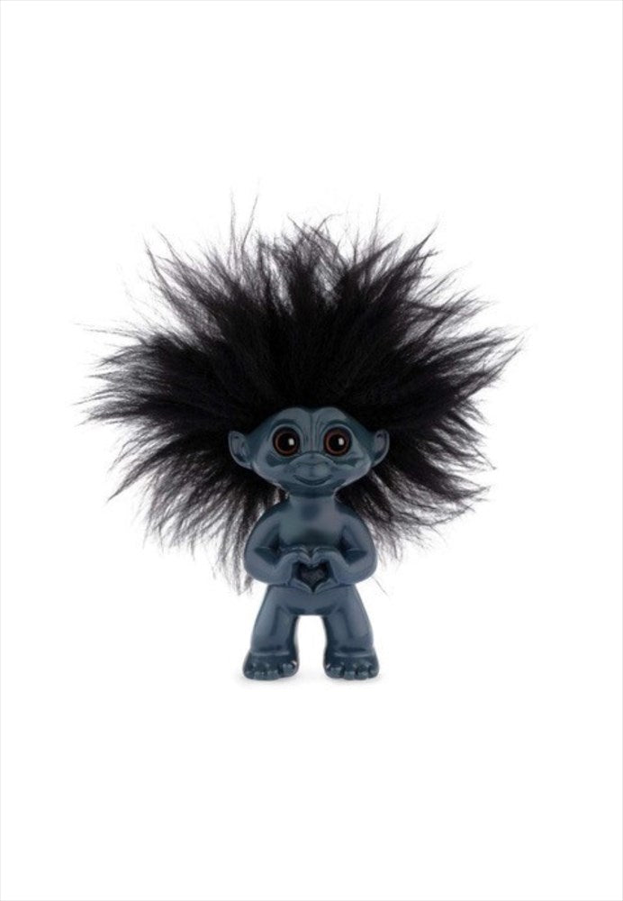 Lyckotroll Blå med Hjärta 9 cm med svart fluffigt hår