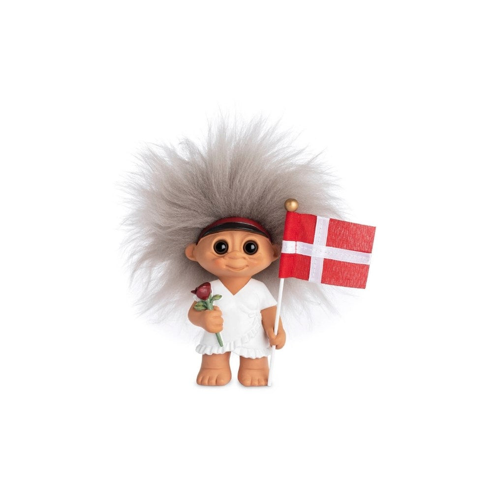 Lyckotroll Examen Tjej Röd 9 cm med studentmössa, dansk flagga och en röd ros