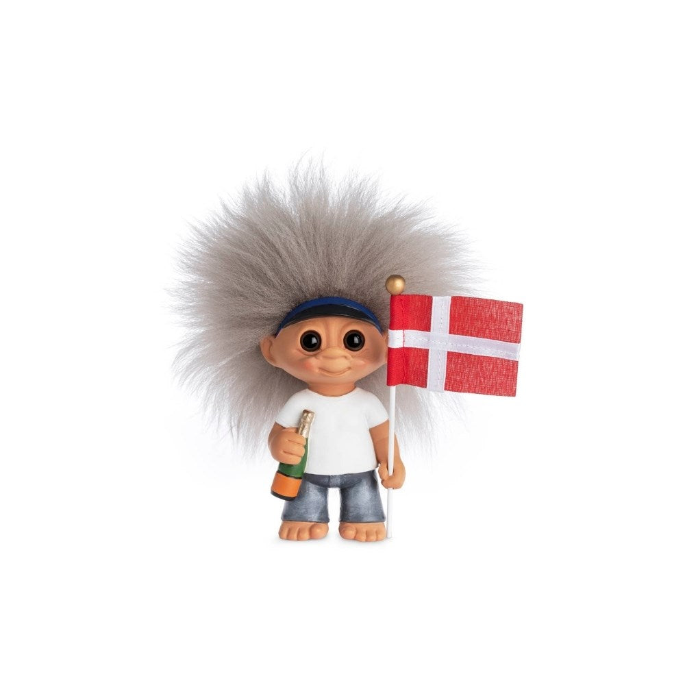 Lyckotroll Examen kille med blå keps, dansk flagga och champagneflaska