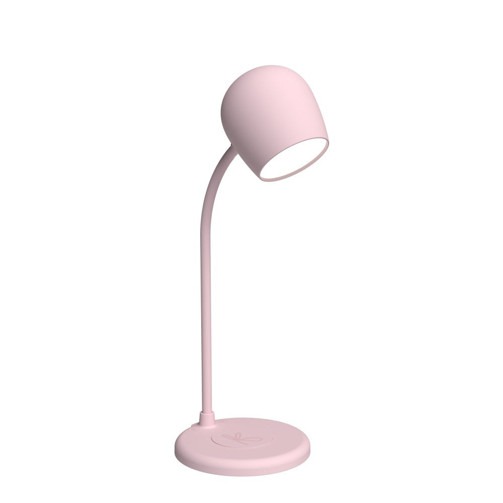 Rosa Ellie LED-lampa med flexibel hals, högtalare och trådlös Qi-laddning i basen.